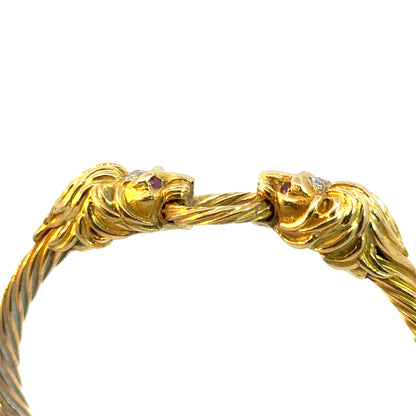 18K Gold Lion Head Bangle Bracelet with Ruby Eyes and Diamond Crown
