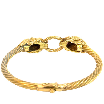 18K Gold Lion Head Bangle Bracelet with Ruby Eyes and Diamond Crown