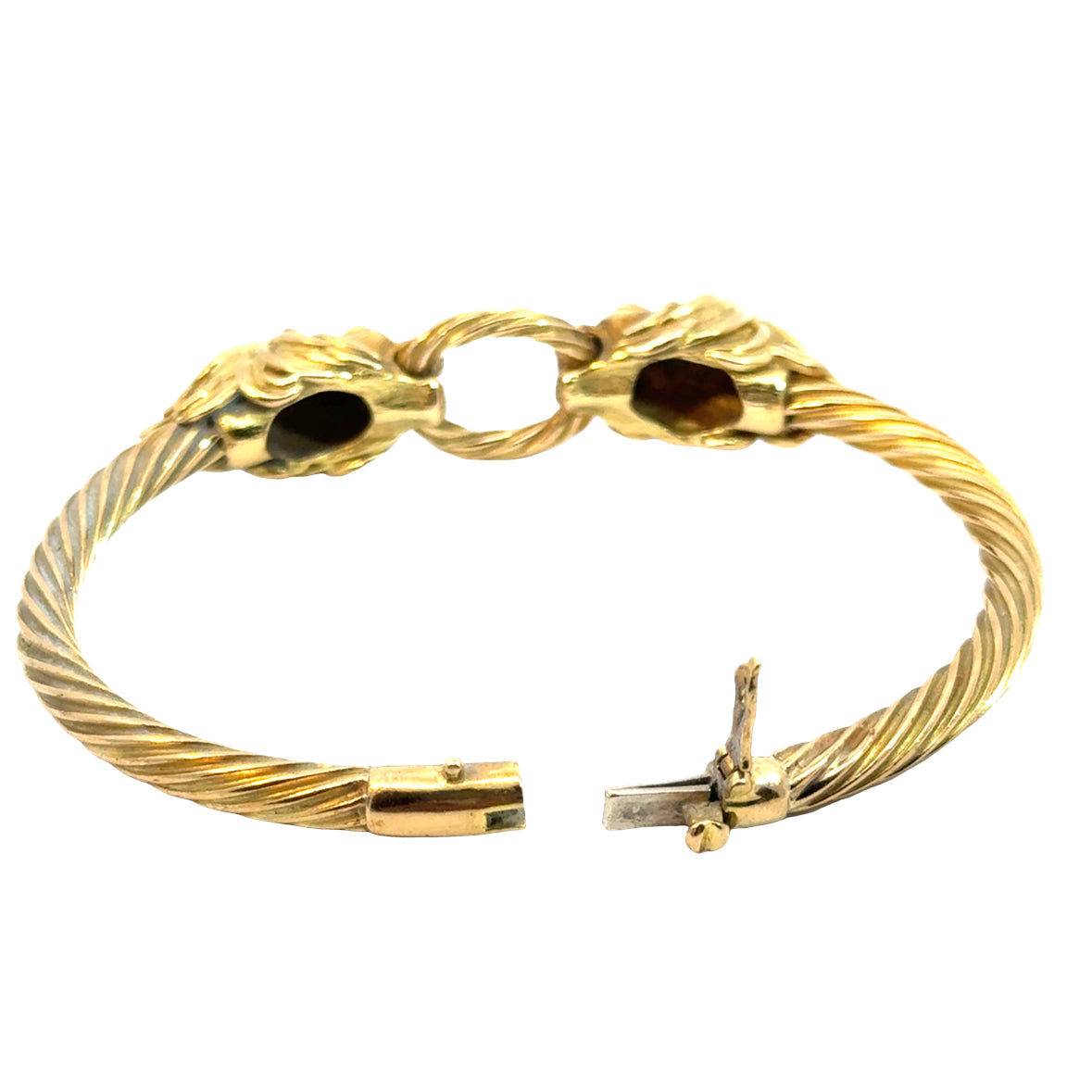 18K Gold Lion Head Bangle Bracelet with Ruby Eyes and Diamond Crown