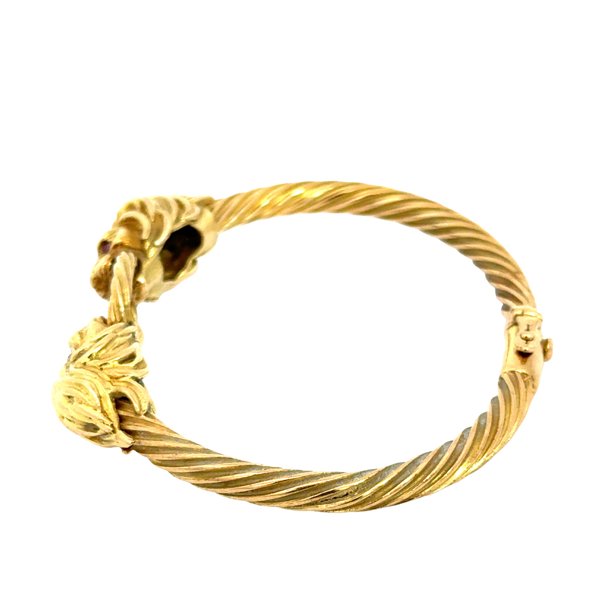 18K Gold Lion Head Bangle Bracelet with Ruby Eyes and Diamond Crown