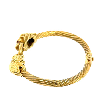 18K Gold Lion Head Bangle Bracelet with Ruby Eyes and Diamond Crown