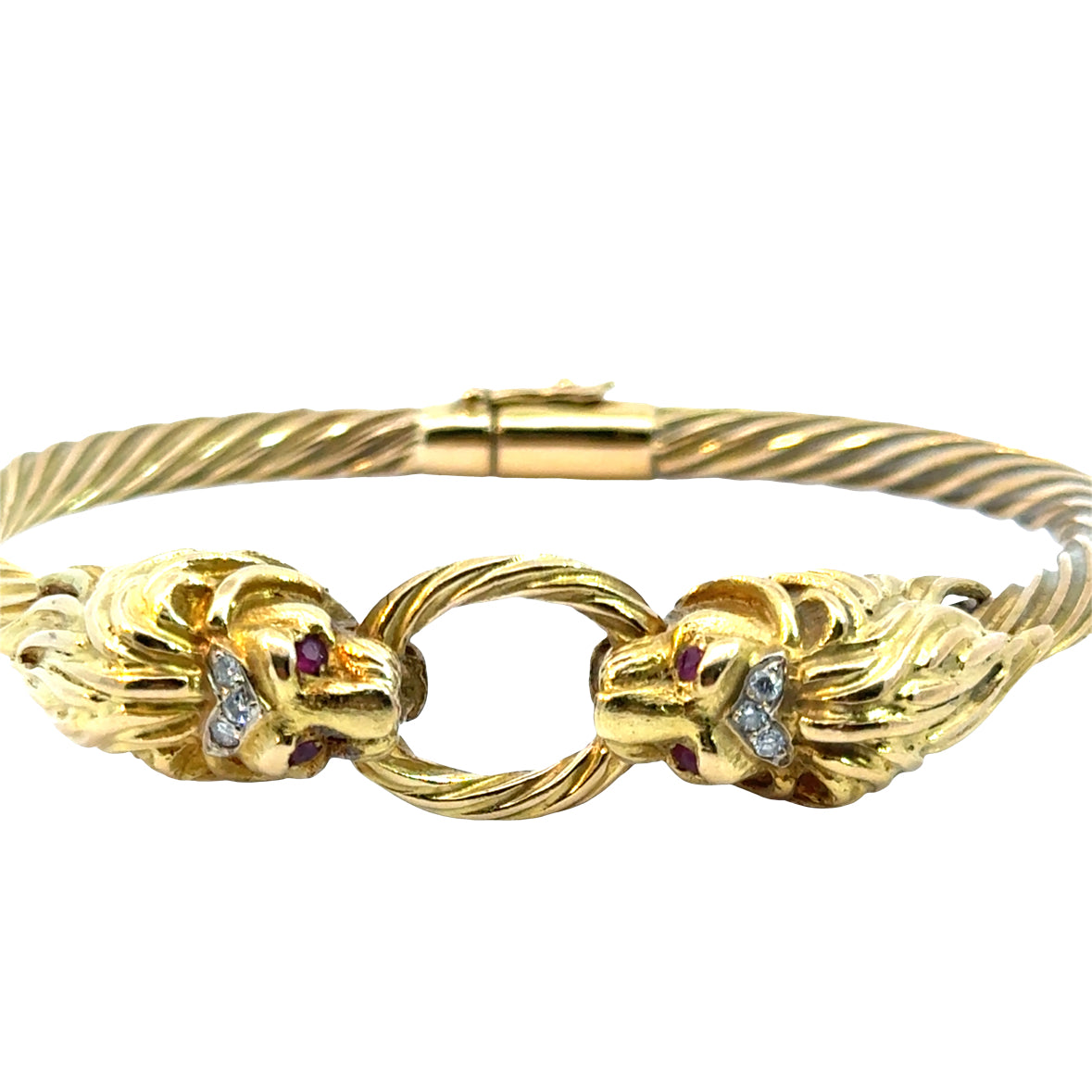 18K Gold Lion Head Bangle Bracelet with Ruby Eyes and Diamond Crown