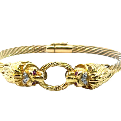 18K Gold Lion Head Bangle Bracelet with Ruby Eyes and Diamond Crown