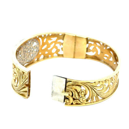 Luxury 18K Yellow & White Gold Diamond Scrollwork Bangle