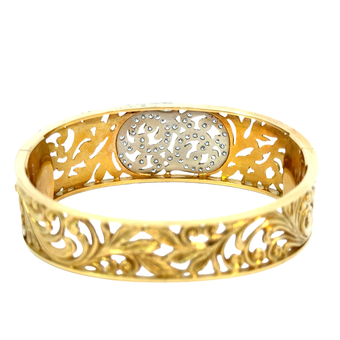 Luxury 18K Yellow & White Gold Diamond Scrollwork Bangle