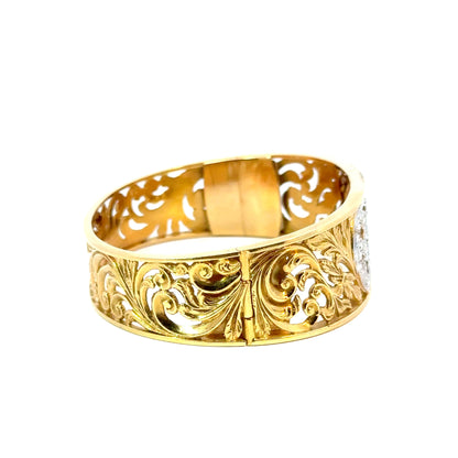 Luxury 18K Yellow & White Gold Diamond Scrollwork Bangle