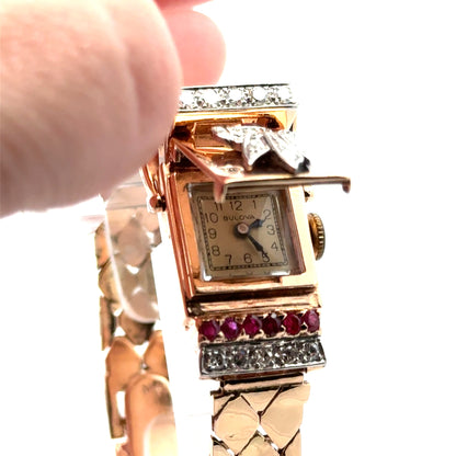 14K Rose Gold Retro Bulova Ruby & Diamond Covered Watch Bracelet – 1940s Glamour