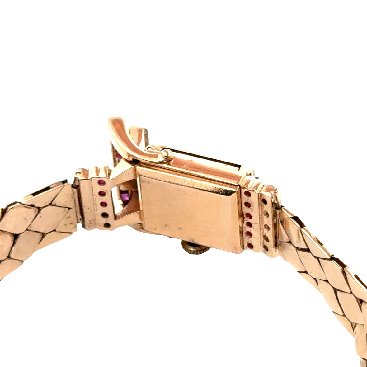14K Rose Gold Retro Bulova Ruby & Diamond Covered Watch Bracelet – 1940s Glamour