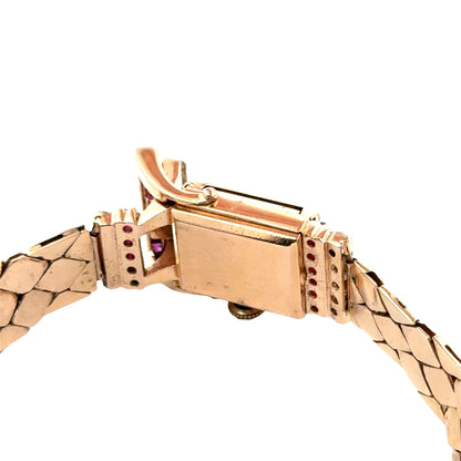 14K Rose Gold Retro Bulova Ruby & Diamond Covered Watch Bracelet – 1940s Glamour