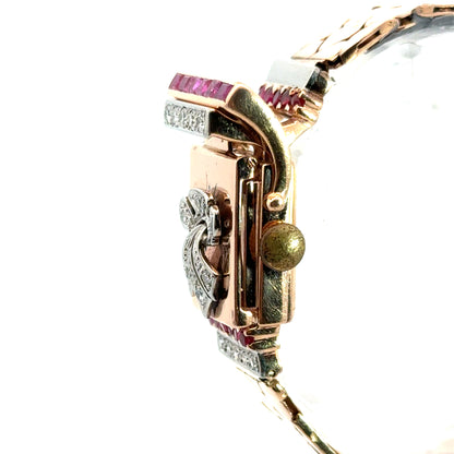 14K Rose Gold Retro Bulova Ruby & Diamond Covered Watch Bracelet – 1940s Glamour