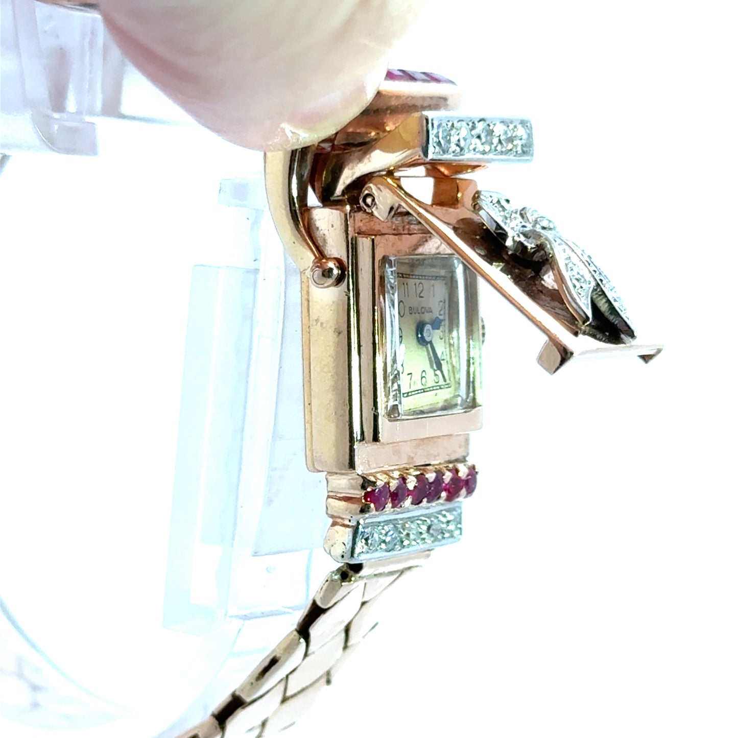 14K Rose Gold Retro Bulova Ruby & Diamond Covered Watch Bracelet – 1940s Glamour