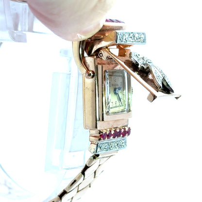 14K Rose Gold Retro Bulova Ruby & Diamond Covered Watch Bracelet – 1940s Glamour