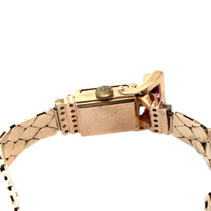 14K Rose Gold Retro Bulova Ruby & Diamond Covered Watch Bracelet – 1940s Glamour