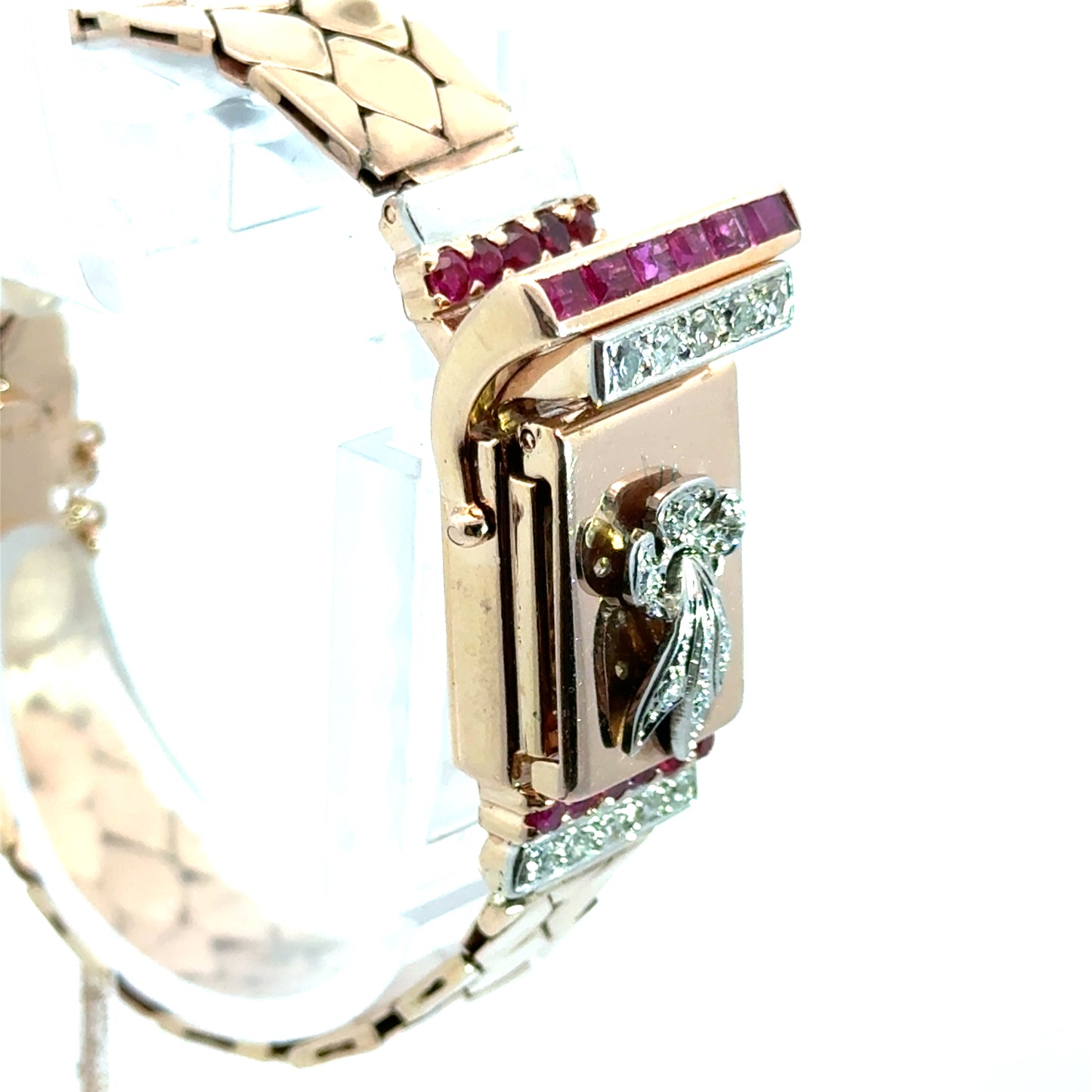 14K Rose Gold Retro Bulova Ruby & Diamond Covered Watch Bracelet – 1940s Glamour