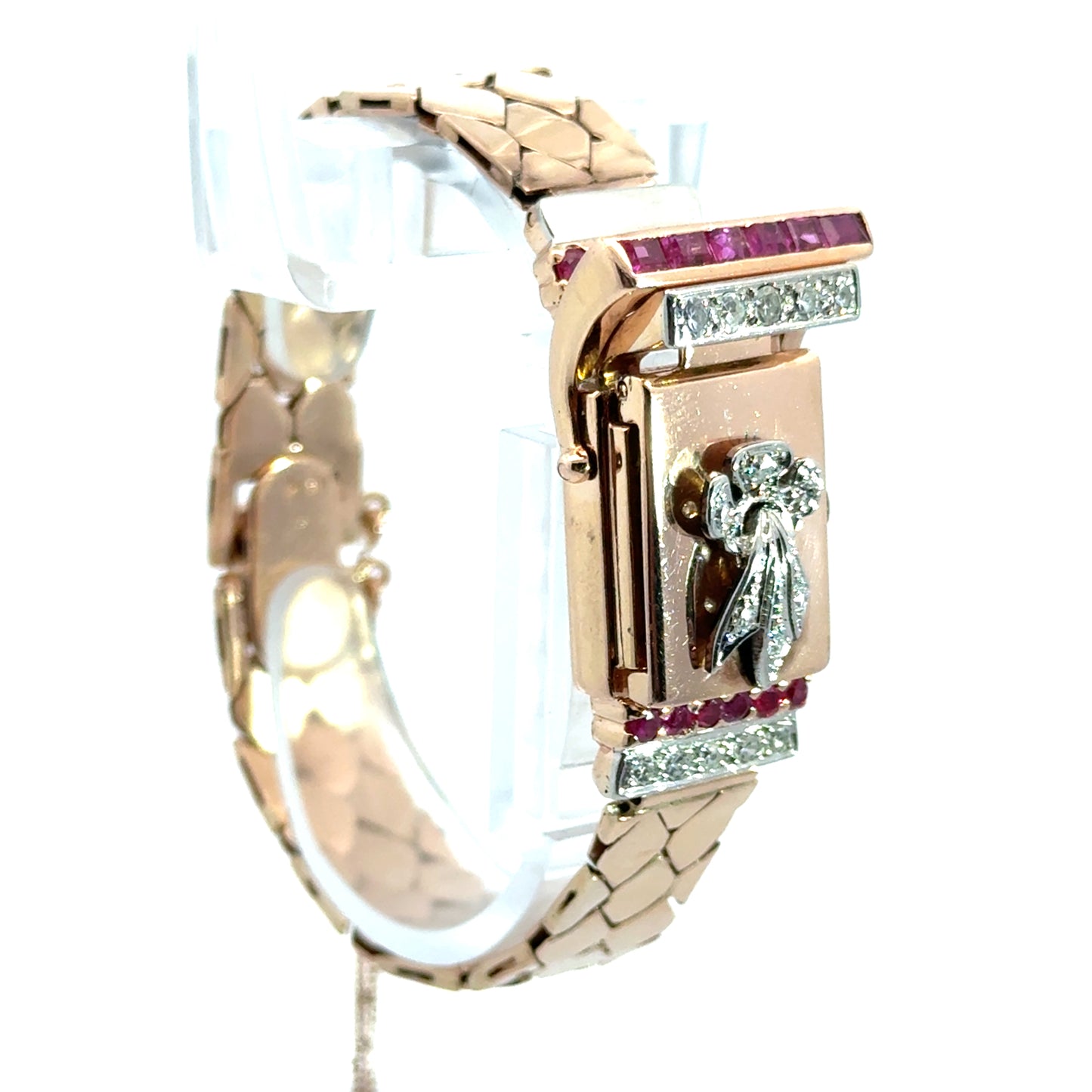 14K Rose Gold Retro Bulova Ruby & Diamond Covered Watch Bracelet – 1940s Glamour