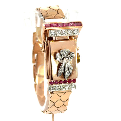 14K Rose Gold Retro Bulova Ruby & Diamond Covered Watch Bracelet – 1940s Glamour