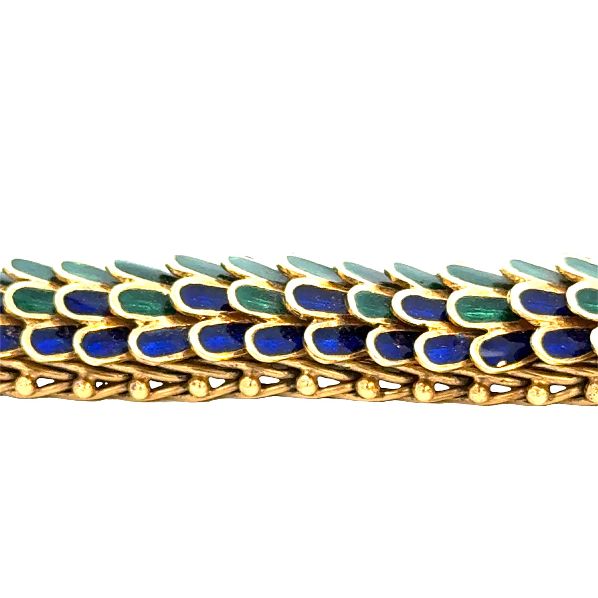 Mid-Century 18K Gold Peacock-Style Blue & Green Enamel Bracelet