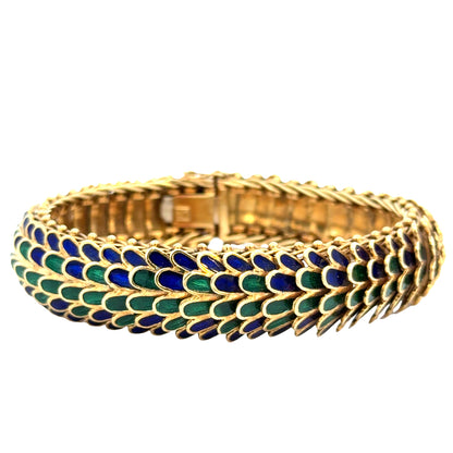 Mid-Century 18K Gold Peacock-Style Blue & Green Enamel Bracelet