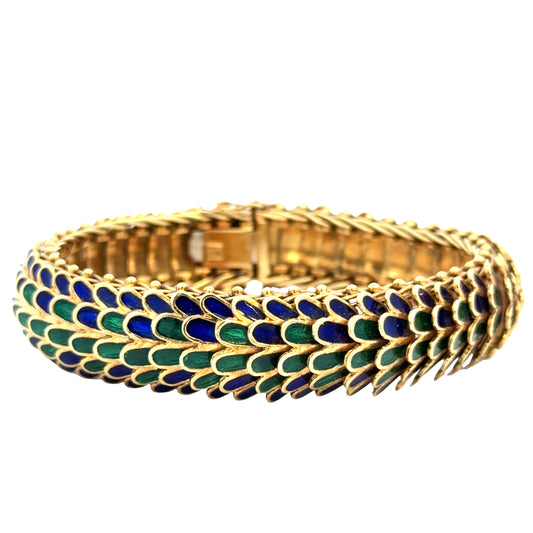 Mid-Century 18K Gold Peacock-Style Blue & Green Enamel Bracelet