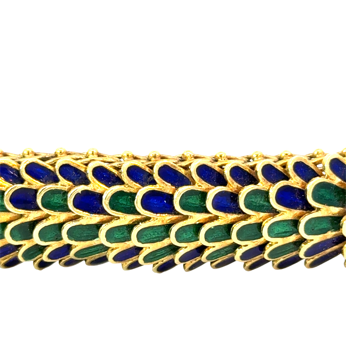 Mid-Century 18K Gold Peacock-Style Blue & Green Enamel Bracelet