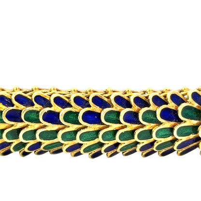 Mid-Century 18K Gold Peacock-Style Blue & Green Enamel Bracelet
