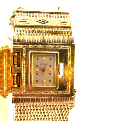 Antique Late Edwardian 14K Yellow Gold Black Enamel Tassel Wristwatch/Bracelet by Perle