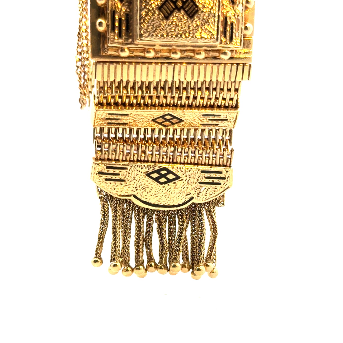 Antique Late Edwardian 14K Yellow Gold Black Enamel Tassel Wristwatch/Bracelet by Perle