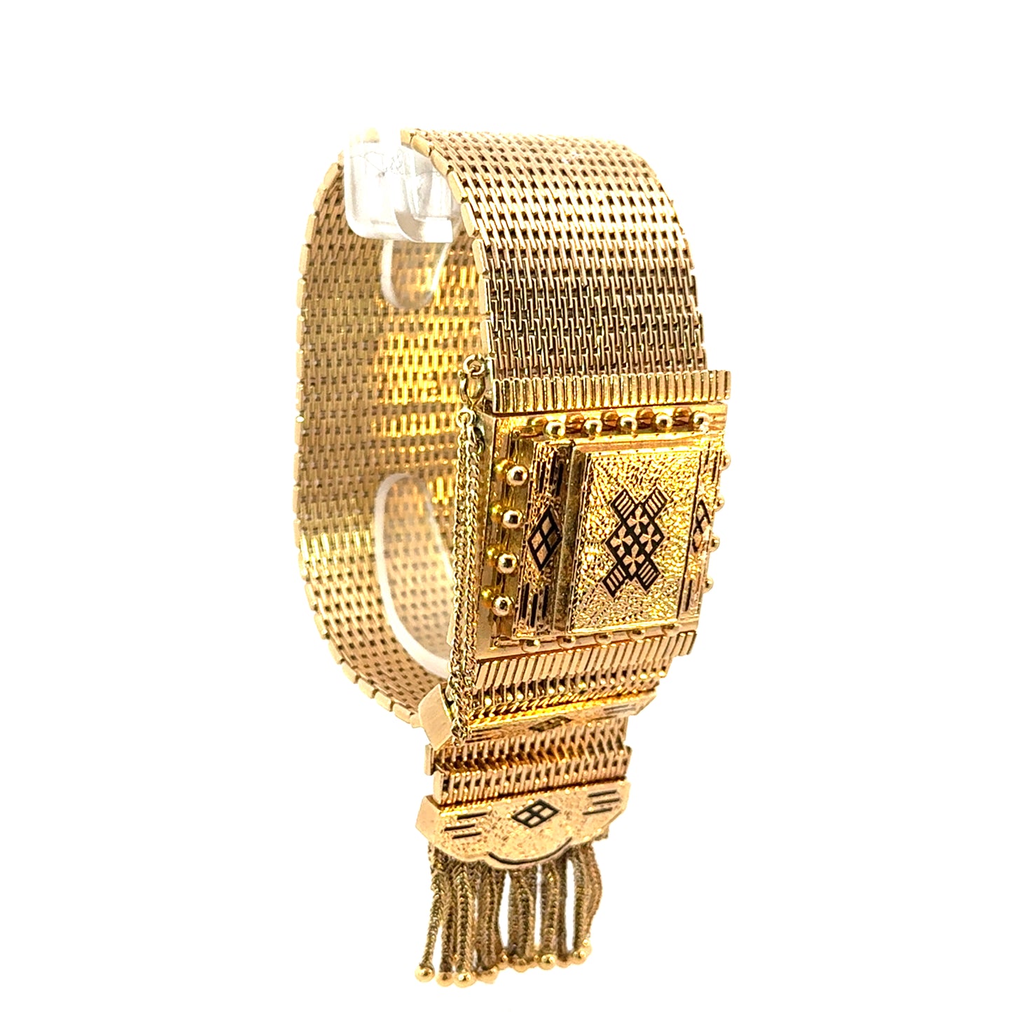 Antique Late Edwardian 14K Yellow Gold Black Enamel Tassel Wristwatch/Bracelet by Perle