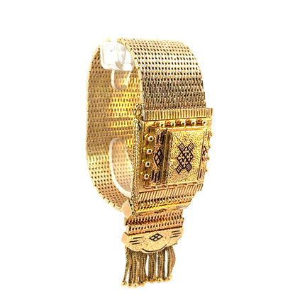 Antique Late Edwardian 14K Yellow Gold Black Enamel Tassel Wristwatch/Bracelet by Perle