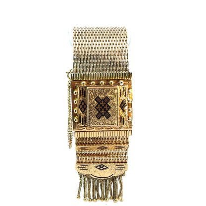Antique Late Edwardian 14K Yellow Gold Black Enamel Tassel Wristwatch/Bracelet by Perle