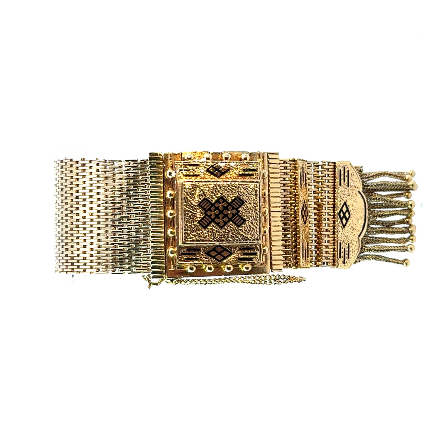 Antique Late Edwardian 14K Yellow Gold Black Enamel Tassel Wristwatch/Bracelet by Perle