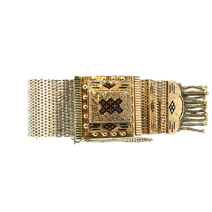 Antique Late Edwardian 14K Yellow Gold Black Enamel Tassel Wristwatch/Bracelet by Perle