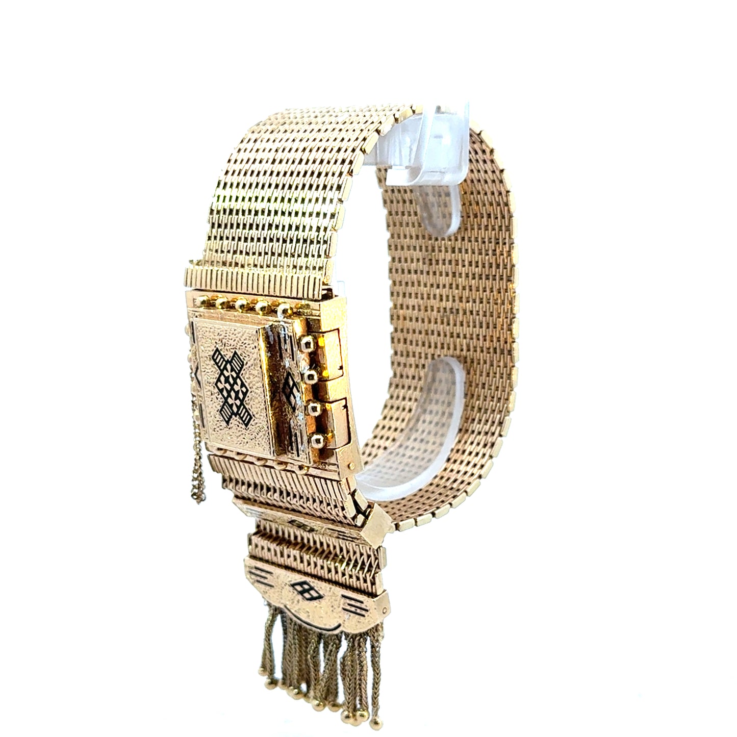 Antique Late Edwardian 14K Yellow Gold Black Enamel Tassel Wristwatch/Bracelet by Perle