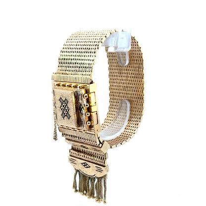 Antique Late Edwardian 14K Yellow Gold Black Enamel Tassel Wristwatch/Bracelet by Perle
