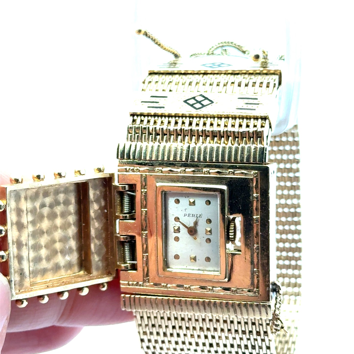 Antique Late Edwardian 14K Yellow Gold Black Enamel Tassel Wristwatch/Bracelet by Perle