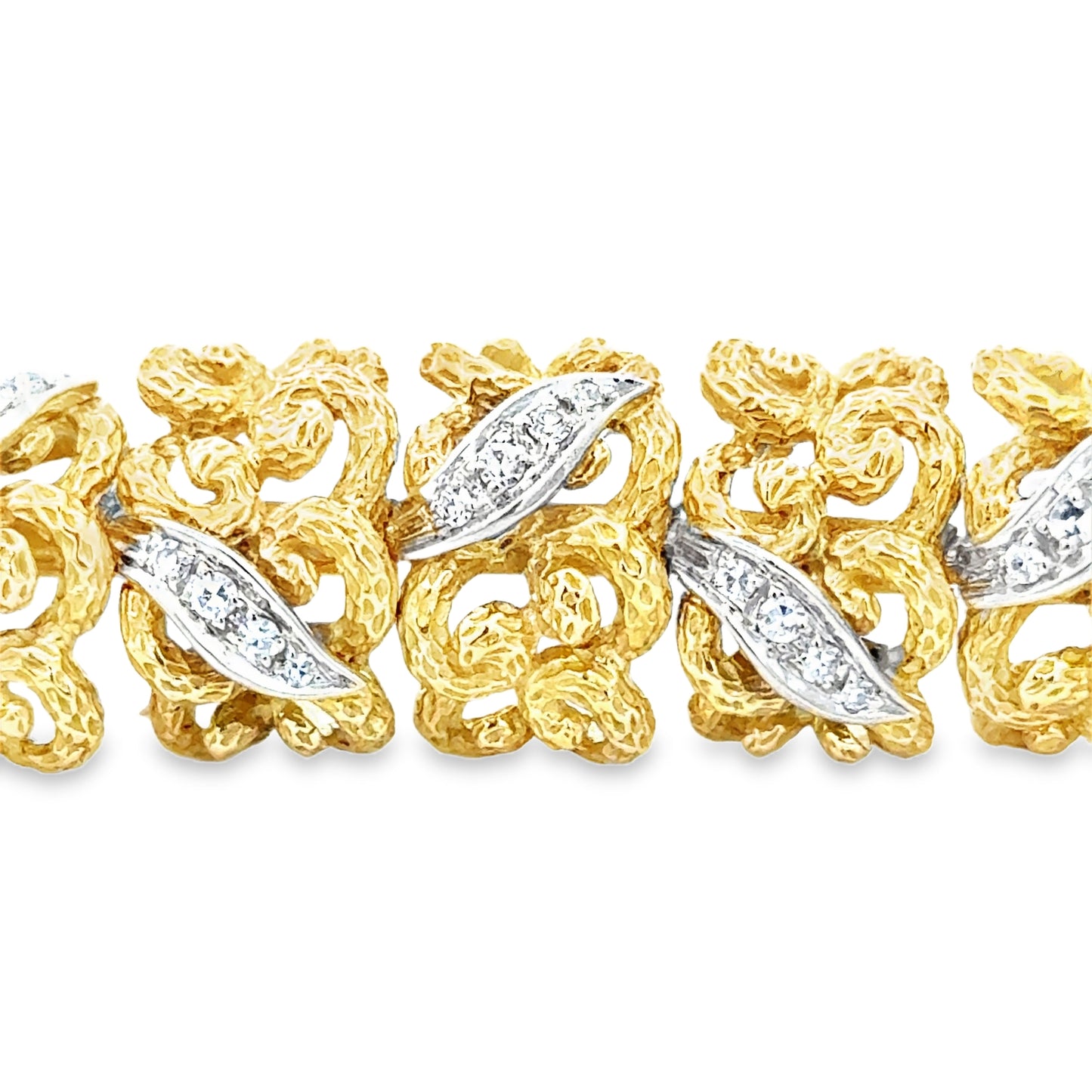 Luxurious Mid-Century 18K Gold Bracelet with White-Gold Diamond Ribbon Accents