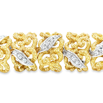 Luxurious Mid-Century 18K Gold Bracelet with White-Gold Diamond Ribbon Accents