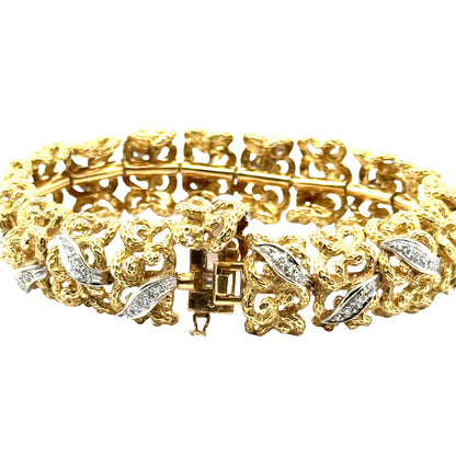 Luxurious Mid-Century 18K Gold Bracelet with White-Gold Diamond Ribbon Accents