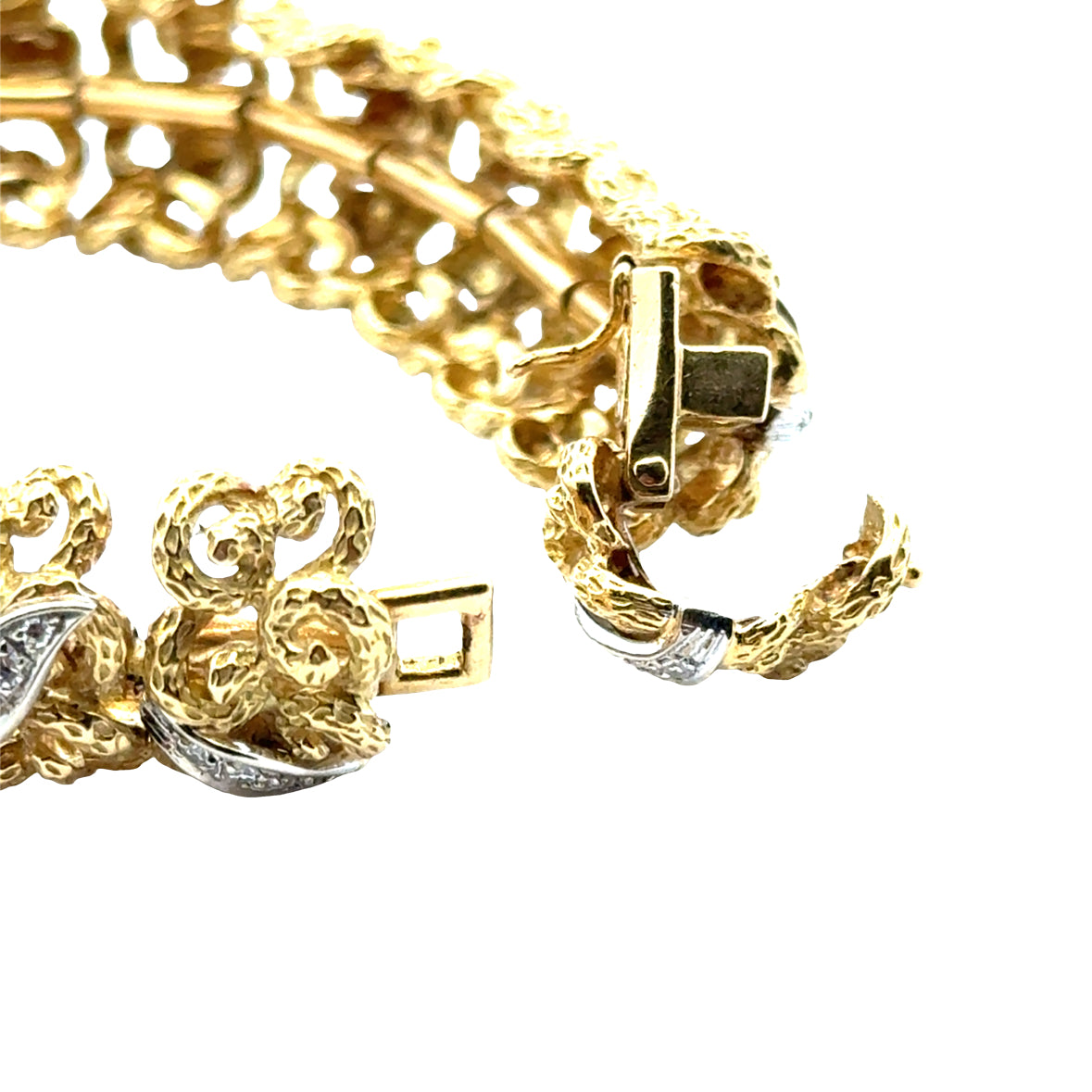 Luxurious Mid-Century 18K Gold Bracelet with White-Gold Diamond Ribbon Accents