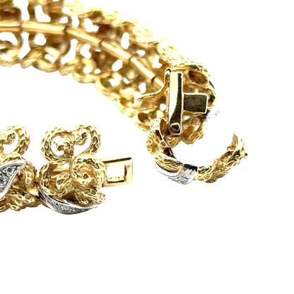 Luxurious Mid-Century 18K Gold Bracelet with White-Gold Diamond Ribbon Accents