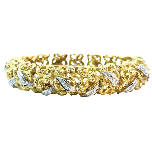 Luxurious Mid-Century 18K Gold Bracelet with White-Gold Diamond Ribbon Accents