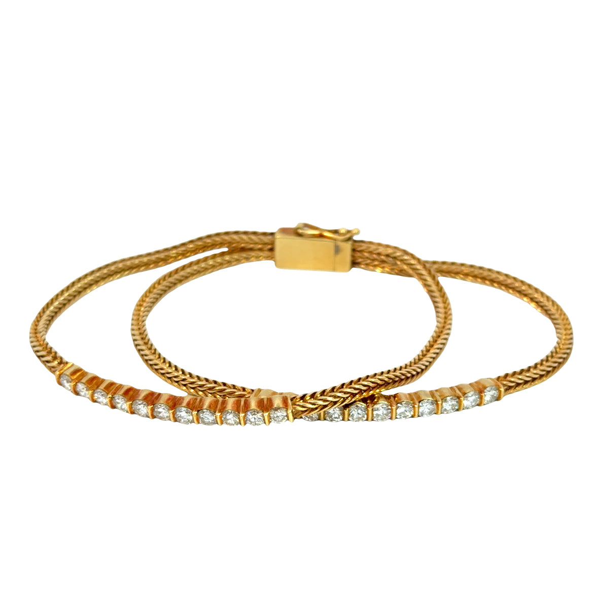 Vintage 1950s 18K Yellow Gold Diamond Double Woven Mesh Bracelet