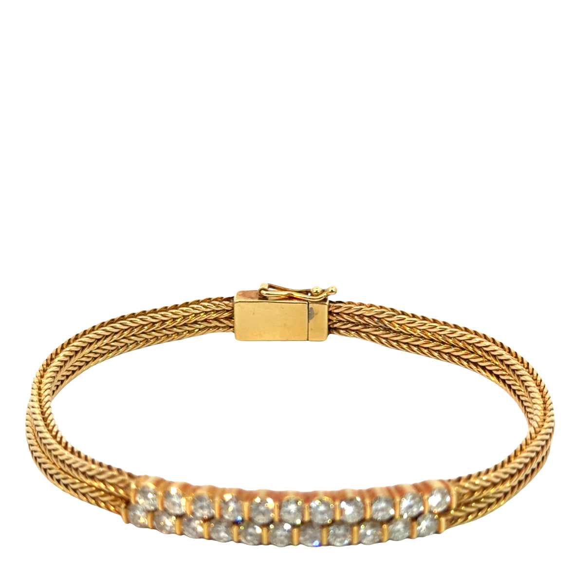 Vintage 1950s 18K Yellow Gold Diamond Double Woven Mesh Bracelet
