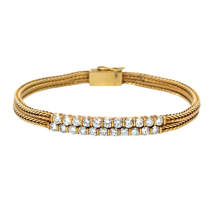 Vintage 1950s 18K Yellow Gold Diamond Double Woven Mesh Bracelet