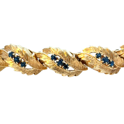 Mid-Century Textured Leaf Bracelet, 14K Gold & Sapphires