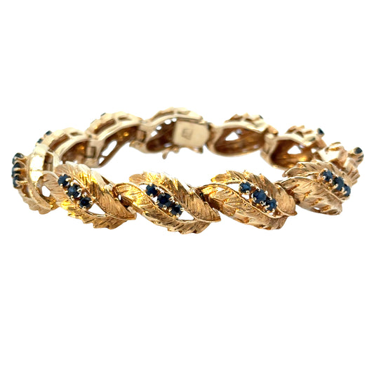 Mid-Century Textured Leaf Bracelet, 14K Gold & Sapphires