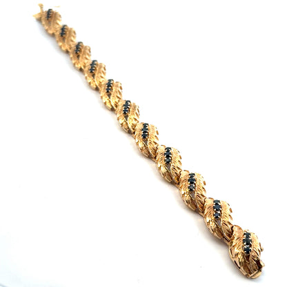 Mid-Century Textured Leaf Bracelet, 14K Gold & Sapphires