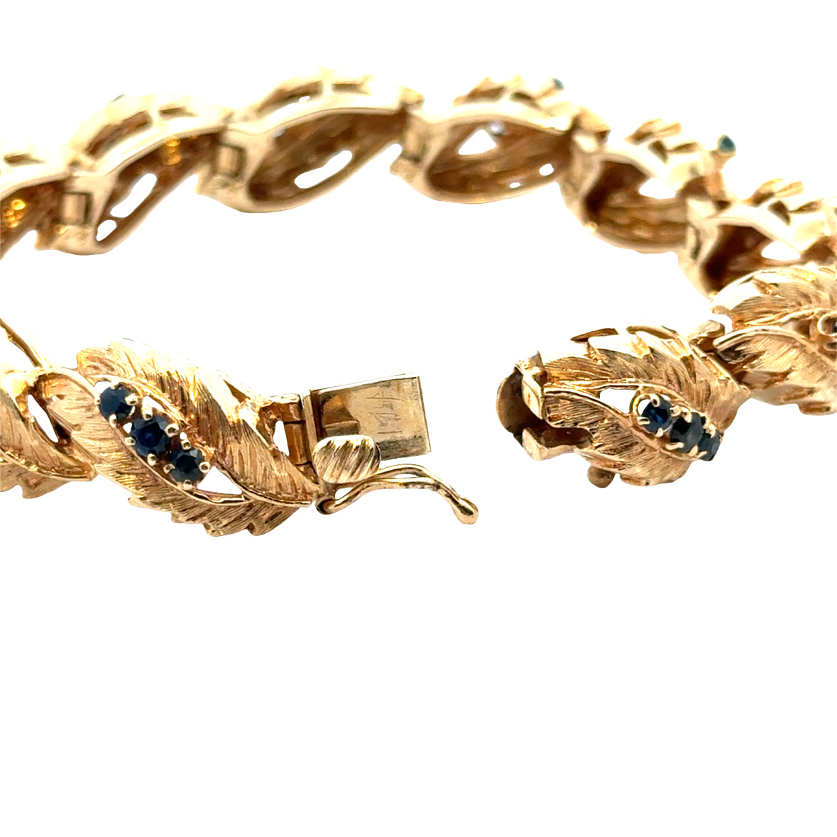 Mid-Century Textured Leaf Bracelet, 14K Gold & Sapphires