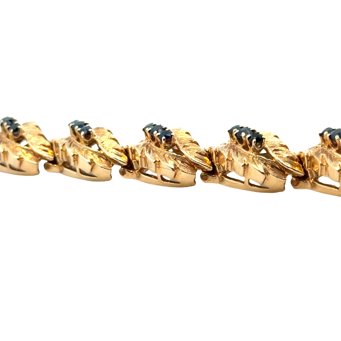Mid-Century Textured Leaf Bracelet, 14K Gold & Sapphires