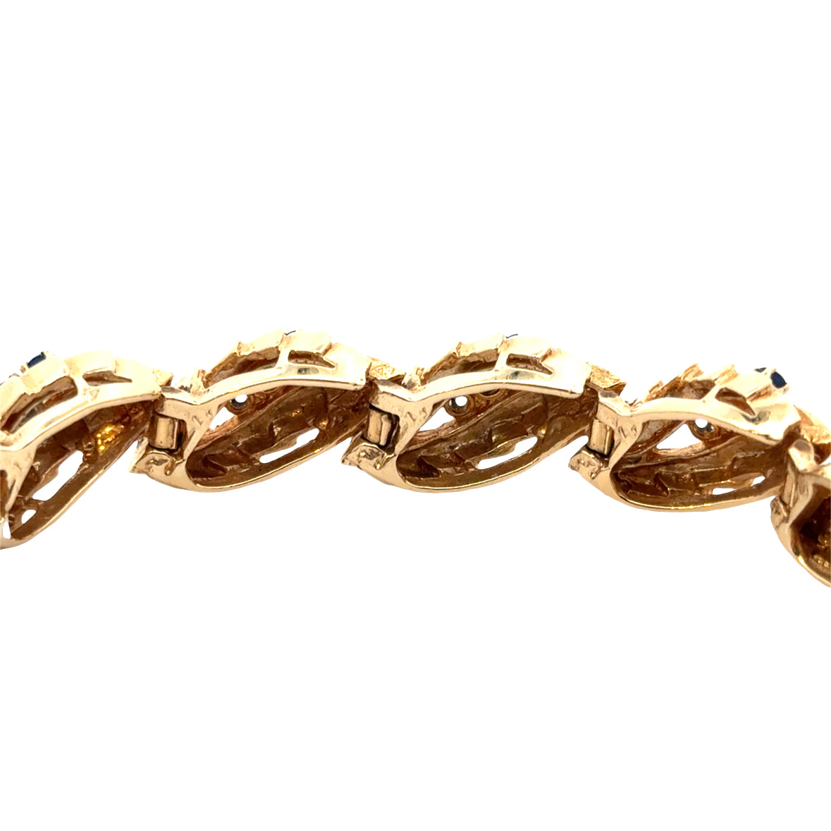 Mid-Century Textured Leaf Bracelet, 14K Gold & Sapphires